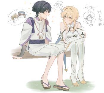 1boy 1girl ahoge arm_cutout arm_on_thigh armpit_crease bare_shoulders black_hair blonde_hair blue_flower blue_trim blunt_ends blush bow breasts brown_sandals cleavage closed_eyes closed_mouth clothing_cutout crying detached_sleeves dress earrings elbow_gloves english_text facing_another feather_earrings feathers flower full_body genshin_impact geta gloves gold_shoes gold_trim grey_eyes hair_between_eyes hair_flower hair_intakes hair_ornament halterneck hand_on_own_arm highres japanese_clothes jewelry kariginu katsuragi_(genshin_impact) kimono koyaaya layered_sleeves looking_at_another lumine_(genshin_impact) mandarin_collar medium_breasts multicolored_flower niwa_(genshin_impact) open_mouth partially_fingerless_gloves pelvic_curtain pom_pom_(clothes) purple_bow purple_kimono purple_sash purple_sleeves sandals sash scaramouche&#039;s_sickly_friend_(genshin_impact) scaramouche_(genshin_impact) scaramouche_(kabukimono)_(genshin_impact) scarf shoes short_hair short_hair_with_long_locks shorts shoulder_cutout sidelocks sitting sleeves_rolled_up smile speech_bubble spoken_character string tasuki tears teeth thighhighs toeless_legwear toes twitter_username upper_teeth_only vambraces white_dress white_flower white_scarf white_shorts white_sleeves white_thighhighs yellow_eyes yellow_feathers