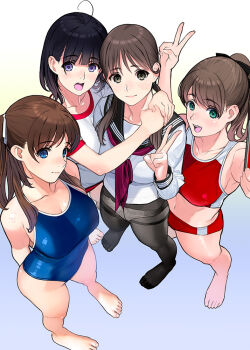 4girls :d ahoge barefoot black_bow black_hair black_sailor_collar blue_background blue_eyes blue_one-piece_swimsuit bow breasts brown_eyes brown_hair buruma cleavage collarbone commentary_request competition_school_swimsuit covered_navel girl_sandwich gradient_background green_eyes gym_shirt gym_uniform hair_bow hair_ribbon half_updo hands_on_another's_shoulder hug hug_from_side large_breasts light_smile low_twintails medium_breasts mibu_natsuki multiple_girls navel neckerchief no_pants no_shoes one-piece_swimsuit open_mouth original own_hands_together panties panties_under_pantyhose pantyhose ponytail purple_eyes purple_neckerchief red_buruma ribbon sailor_collar sandwiched school_swimsuit school_uniform serafuku shirt smile sports_bikini standing swimsuit teeth thighband_pantyhose track_uniform twintails underwear upper_teeth_only v white_background white_ribbon white_shirt yellow_background
