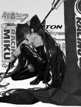 1girl boots character_name commentary cropped_jacket gloves goodsmile_company goodsmile_racing greyscale hatsune_miku highres holding jacket long_hair long_sleeves monochrome narue racing_miku racing_miku_(2022) solo squatting thigh_boots variant_set very_long_hair vocaloid
