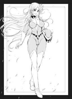 absurdres bodysuit boots breasts gloves helmet highres long_hair maria_grace_fleed mazinger_(series) medium_breasts monochrome thick_thighs thigh_boots thighs ufo_robo_grendizer