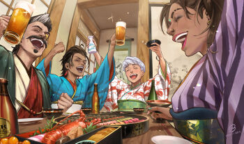 Rule 34 | 1boy, 3girls, absurdres, alcohol, apex legends, beer, bindi, bossan 3310, bottle, brown hair, closed eyes, commentary request, cup, dark-skinned female, dark skin, dated, earrings, eyebrow cut, facial hair, floral print, floral print kimono, food, fuse (apex legends), highres, japanese clothes, jewelry, kimono, mad maggie (apex legends), multiple girls, mustache, new year, plate, ponytail, print kimono, rampart (apex legends), sakazuki, sake bottle, short hair, shouji, side ponytail, sliding doors, soul patch, striped clothes, striped kimono, table, toasting (gesture), valkyrie (apex legends), vertical-striped clothes, vertical-striped kimono, white hair