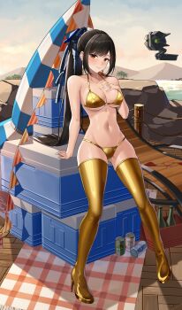 absurdres arm_support armpit_crease beach beach_umbrella bikini black_hair blue_sky blush boots bottle boulder box breasts brown_eyes bunting can chinese_commentary cleavage closed_mouth closed_umbrella cloud commentary commentary_request cooler cropped drink_can earrings english_commentary eve_(stellar_blade) full_body gluteal_fold gold_bikini gold_boots groin halterneck hand_on_own_chest high_heel_boots high_heels high_ponytail highres hill jewelry jfzm001 leaning_back long_hair looking_at_viewer looking_to_the_side medium_breasts mixed-language_commentary navel on_box outdoors picnic_blanket pigeon-toed ponytail sideways_glance sitting sitting_on_box sky smile stellar_blade straight_hair string_bikini string_of_flags swept_bangs swimsuit thigh_boots thighs tree umbrella variant_set wooden_floor