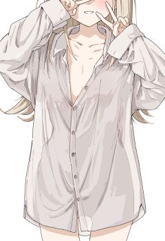 1girl absurdres blonde_hair blush bottomless collarbone commentary_request double_v dress_shirt facing_viewer flat_chest gakuen_idolmaster hands_up head_out_of_frame highres idolmaster long_hair long_sleeves naked_shirt oversized_clothes oversized_shirt partially_unbuttoned pok_(pok_0002) shinosawa_hiro shirt simple_background solo v white_background white_shirt