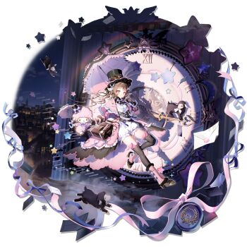 1girl animal_ears anmi arknights ascot black_ascot black_corset black_gloves black_hat black_thighhighs black_umbrella blue_bow boots bow bowtie braid braided_hair_rings brown_bag brown_hair city_lights cityscape clock clock_tower clockwork closed_mouth coat corset dress eyjafjalla_(arknights) eyjafjalla_(fluffy_little_witch)_(arknights) floating floating_stairs frilled_coat frilled_dress frilled_umbrella frills full_body fur-trimmed_boots fur_trim gloves goggles goggles_on_headwear hair_bow hair_ornament hair_rings hairclip hat high_heel_boots high_heels highres holding holding_hands holding_umbrella hoof_shoes horns letter long_hair looking_at_viewer my_sweet_piano night official_alternate_costume official_art on_stairs onegai_my_melody open_clothes open_coat outdoors pink_boots pink_bow pink_coat pink_eyes puffy_shorts purple_bow roman_numeral sanrio sheep sheep_ears sheep_girl sheep_horns shorts smile steampunk thighhighs third-party_source top_hat tower transparent_background turtleneck turtleneck_dress umbrella white_dress