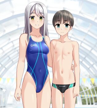 1boy 1girl absurdres age_difference black_hair black_male_swimwear blue_one-piece_swimsuit breasts bulge commentary_request competition_swimsuit covered_navel cowboy_shot glass_ceiling green_eyes grey_hair height_difference highleg highleg_one-piece_swimsuit highres indoors long_hair male_swimwear medium_breasts navel one-piece_swimsuit onee-shota original parted_lips short_hair smile string_of_flags swim_briefs swimsuit takafumi two-tone_male_swimwear two-tone_swimsuit variant_set yellow_eyes