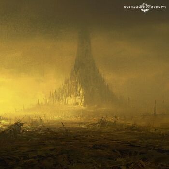 architecture blurry bridge building city cityscape cloud cloudy_sky commentary copyright_name copyright_notice depth_of_field english_commentary gothic_architecture hive_city imperial_aquila imperium_of_man megastructure miguel_m_da_silva no_humans outdoors ruins scenery sky tower warhammer_40k yellow_theme