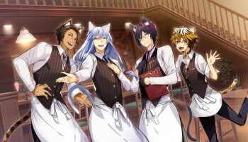 4boys animal_ear_fluff animal_ears apron bell black_choker black_gloves black_pants blue_eyes blue_necktie bow brick_wall brown_hair brown_tail brown_vest cat_boy cat_ears cat_tail chair choker dark_skin dill_(nekopara_-_catboys_paradise) fennel_(nekopara_-_catboys_paradise) food foot_up fruit game_cg gloves grapes grin half_gloves hand_on_own_chest hand_on_own_hip hand_up highres holding holding_menu lamp laurier_(nekopara_-_catboys_paradise) long_hair menu multicolored_hair multicolored_tail multiple_boys necktie nekopara_-_catboys_paradise nekopara_catboys_paradise non-web_source official_art open_mouth orange_hair outstretched_hand pale_skin pants plant potted_plant purple_eyes purple_hair purple_necktie red_hair sage_(nekopara_-_catboys_paradise) shirt short_hair sleeves_rolled_up smile spots spotted_fur spotted_tail stairs standing standing_on_one_leg striped_clothes striped_tail striped_vest table tail vest waist_apron waving white_apron white_hair white_shirt white_tail wooden_chair wooden_floor wooden_table yellow_eyes yuuga_(cherrybomb-g)