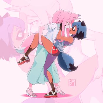 2girls absurdres animal_ears aqua_skirt bare_shoulders black_hair blue_hair bob_cut body_fur brand_new_animal breasts colored_skin commentary convenient_censoring dark-skinned_female dark_skin eye_contact fox_ears fox_girl fox_tail furry furry_female furry_with_furry hands_on_another&#039;s_face heart highres hiwatashi_nazuna kagemori_michiru leg_grab leg_lift long_hair long_skirt looking_at_another michirutnk multicolored_hair multiple_girls naughty_face nude open_mouth pink_background pink_hair pink_skin ponytail raccoon_ears raccoon_girl raccoon_tail red_eyes red_footwear resolution_mismatch sandals shirt short_hair shorts sideboob skirt smile source_smaller t-shirt tail tank_top trigger two-tone_hair v-shaped_eyebrows variations white_footwear white_shirt white_tank_top yuri zoom_layer