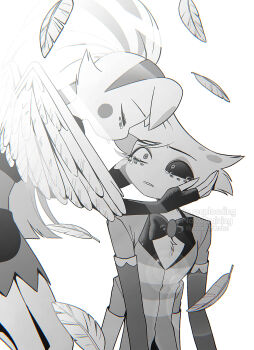 1boy 1girl absurdres angel_dust bow bowtie brother_and_sister chromatic_aberration circle_facial_mark closed_eyes commentary_request cowboy_shot elbow_gloves extra_arms extra_legs facial_mark facing_another facing_down feathered_wings feathers fewer_digits fingerless_gloves furry furry_female furry_male gloves greyscale hairband hands_on_another&#039;s_cheeks hands_on_another&#039;s_face hatching_(texture) hazbin_hotel hellaverse highres long_hair looking_at_another looking_up menma_(enaic31) mismatched_sclera molly_(hazbin_hotel) monochrome parted_lips shirt siblings simple_background striped_clothes striped_shirt tearing_up traditional_bowtie twins twitter_username two-tone_shirt u_u upper_body very_long_hair watermark white_background wide-eyed wings