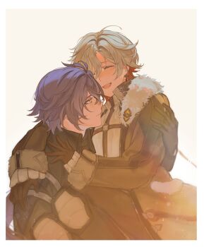 2boys ahoge black_gloves blue_hair carrying carrying_person closed_eyes closed_mouth earrings flins_(genshin_impact) fur_trim genshin_impact gloves highres illuga_(genshin_impact) jewelry light_smile looking_at_another male_focus mole mole_under_eye multiple_boys nyatsumeii open_mouth single_earring teeth white_background yaoi yellow_eyes yellow_light