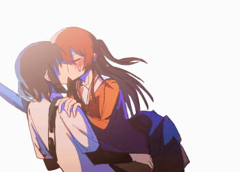 2girls bass_guitar blue_hair blush bocchi_the_rock! bow bowtie closed_eyes couple french_kiss hair_between_eyes hair_ornament hand_on_another&#039;s_shoulder highres holding holding_bass_guitar holding_instrument instrument kiss kita_ikuyo long_hair long_sleeves multiple_girls one_side_up red_bow red_hair school_uniform shirt short_hair simple_background skirt sweat sweatdrop tou_bei_gou_chile white_background white_shirt yamada_ryo yuri