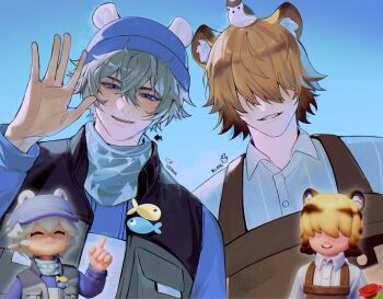 2boys animal_ear_fluff animal_ear_headwear animal_ears bird blanc_(heartopia) blonde_hair brown_hair fake_animal_ears hair_over_eyes heartopia highres male_focus multicolored_hair multiple_boys qoz tiger_boy two-tone_hair vanya_(heartopia)