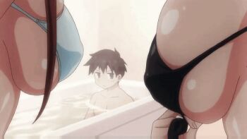 1boy 2girls animated animated_gif anime_screenshot ayane_shirakawa bath bathroom bathtub bikini black_bikini breasts brown_eyes brown_hair indoors kotone_shirakawa large_breasts looking_at_another matching_hair/eyes multiple_girls overflow_(anime) shiny_skin steam sudou_kazushi swimsuit water white_bikini
