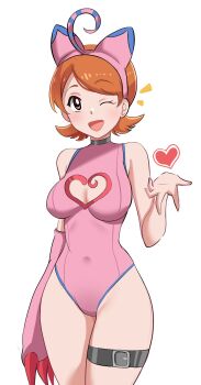 Rule 34 | 1girl, animal ears, bare shoulders, claws, cosplay, digimon, digimon adventure, fake animal ears, female focus, highres, leotard, light blush, medium hair, one eye closed, open mouth, orange hair, pabsmikan, pink leotard, piyomon, piyomon (cosplay), simple background, takenouchi sora, thigh strap, tongue, white background, wink