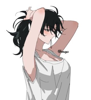 1girl adjusting_hair antenna_hair armpits arms_up black_hair blush breasts brown_eyes cheng_xiaoshi cleavage collarbone commentary_request foooo_goo from_side genderswap genderswap_(mtf) hair_tie hair_tie_in_mouth highres large_breasts long_hair messy_hair mouth_hold ponytail shiguang_dailiren simple_background sleeveless solo sweat tank_top twitter_username tying_hair upper_body white_background white_tank_top