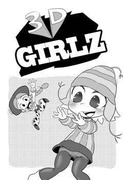 2girls animal_print beanie belt blush boots braid cow_print cowboy_hat cowgirl_(western) crossover despicable_me disney doll edith_(despicable_me) hat jessie_(toy_story) k-nattoh loli long_hair long_sleeves monochrome multiple_girls open_mouth panties panties_under_pantyhose pants pantyhose pixar print_pants shirt short_hair skirt smile standing striped_clothes striped_headwear striped_sweater sweat sweater teeth throwing toy toy_story underwear wind wind_lift