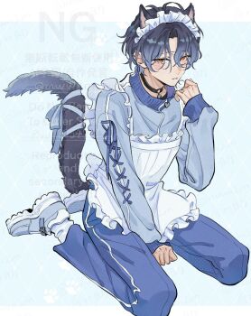 1boy alternate_costume animal_ears black_choker blue_hair blue_pants blue_ribbon blush cat_boy cat_ears cat_tail choker commentary curtained_hair ensemble_stars! full_body hand_up highres jersey_maid kemonomimi_mode kotobukimisuke long_sleeves looking_at_viewer maid maid_headdress male_focus orange_eyes pants parted_lips paw_print ribbon short_hair sitting socks solo tail tsuzura_chitose twitter_username unconventional_maid watermark white_headdress