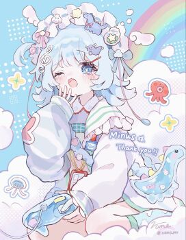 1girl blue_eyes blue_hair blush child cloud commentary commission controller eyelashes fortissimo frills game_controller hair_ornament hashtag-only_commentary headdress highres holding holding_controller holding_game_controller id_card long_sleeves looking_at_viewer medium_hair musical_note musical_note_hair_ornament one_eye_covered one_side_up open_mouth original rainbow screentones sitting skeb_commission sleeves_past_wrists solo tongue yawning zane290