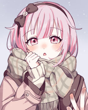 Rule 34 | 1girl, black bow, black hairband, blush, bow, bow hairband, clothes grab, commentary, grey background, grey scarf, hair bow, hairband, jacket, long sleeves, looking at viewer, mau (mauchannnn), neckwear grab, nose blush, ootori emu, open mouth, pink eyes, pink hair, pink jacket, project sekai, scarf, scarf grab, simple background, sleeves past wrists, snowing, solo, sweater, symbol-only commentary, upper body, white sweater