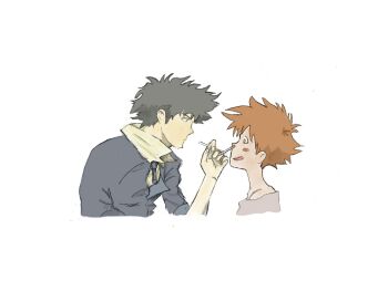 Rule 34 | age difference, cigarette, cowboy bebop, edward wong hau pepelu tivrusky iv, highres, open mouth, orange hair, simple background, spike spiegel, white background