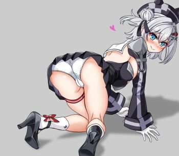 1girl ass azur_lane bent_over black_dress black_ribbon blue_eyes blush breasts dress from_behind full_body gloves hair_between_eyes hair_bun hair_ornament hair_ribbon hairclip hat heart high_heels highres jade_(azur_lane) kneeling long_sleeves looking_at_viewer looking_back medium_breasts medium_hair mole mole_under_eye ogino_nel panties ribbon smile solo thigh_strap thighs underwear white_gloves white_hair white_panties x_hair_ornament