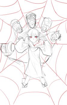 1girl commentary crying crying_with_eyes_open english_commentary flat_chest geta greyscale hai000_0 highres japanese_clothes kimono limbus_company long_hair long_sleeves looking_at_viewer looking_up monochrome no_mouth partially_colored project_moon red_eyes ryoshu_(project_moon) scar scar_on_chest silk simple_background sketch solo spider_web tears wide_sleeves