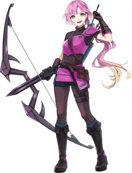 1girl anyoji_hime armor arrow_(projectile) belt belt_pouch black_boots black_pantyhose black_sweater blonde_hair blue_eyes blue_shorts blue_socks boots bow_(weapon) breastplate crossbow fold-over_boots full_body game_cg gradient_hair hasunosora_fantasy heart_pin holding holding_arrow holding_crossbow holding_weapon link!_like!_love_live! long_hair looking_at_viewer love_live! multi-tied_hair multicolored_hair non-web_source official_alternate_costume official_art pantyhose pink_armor pink_hair ponytail pouch quiver raised_eyebrow short_shorts shorts simple_background socks socks_over_pantyhose solo standing sweater transparent_background turtleneck turtleneck_sweater utility_belt very_long_hair weapon