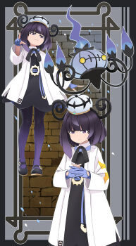 1girl abe_kanari belt belt_buckle black_dress blue_belt blue_gloves buckle chandelure coat dress gen_5_pokemon gloves gwynn_(pokemon) hat highres interlocked_fingers nintendo open_clothes open_coat partially_fingerless_gloves pokemon pokemon_legends:_z-a purple_eyes purple_hair short_hair white_coat