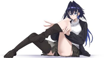 Rule 34 | 1girl, absurdres, alternate costume, black jacket, black thighhighs, blue eyes, blue hair, commentary, convenient skirt, daaku (koizumi arata), ear cuffs, ear piercing, earrings, full body, grey skirt, hair intakes, hashtag-only commentary, highres, hololive, hololive english, jacket, jewelry, looking at viewer, medium hair, no shoes, open mouth, ouro kronii, piercing, pleated skirt, pulling own clothes, shirt, simple background, sitting, skirt, stud earrings, thighhighs, thighhighs pull, thighs, turtleneck, turtleneck shirt, virtual youtuber, white background, white shirt