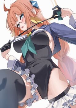 1girl absurdres ahoge aqua_neckerchief black_gloves black_leotard black_shrug black_thighhighs blue_archive blush breasts commentary_request covered_navel feather_hair feathers from_below glasses gloves half_gloves highres holding holding_riding_crop kazu_(kauk3753) large_breasts leotard long_hair long_sleeves looking_at_viewer naughty_face neckerchief orange_feathers orange_hair riding_crop semi-rimless_eyewear shimiko_(blue_archive) shimiko_(magical)_(blue_archive) shrug_(clothing) simple_background smile solo thighhighs thighs tongue tongue_out white_background yellow_feathers