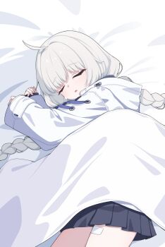 Rule 34 | 1girl, ahoge, bandaid, bandaid on leg, bandaid on thigh, bed sheet, black skirt, blanket, blue archive, braid, cinamon (cinamori), clenched hands, closed eyes, cowboy shot, facing viewer, highres, hood, hood down, hooded jacket, jacket, long hair, long sleeves, lying, maia (blue archive), miniskirt, on bed, on side, parted lips, pleated skirt, skirt, sleeping, sleeves past wrists, solo, tears, twin braids, u u, under covers, white hair, white jacket