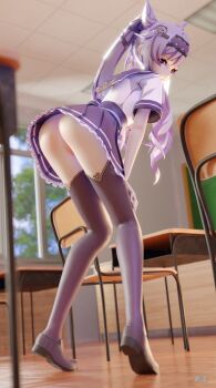 1girl 3d absurdres ap_3d ass blender_(medium) bottomless cameltoe classroom full_body genshin_impact highres keqing_(genshin_impact) long_hair looking_at_viewer pink_eyes purple_hair school school_uniform shoes short_sleeves skirt thighhighs twintails vaginal