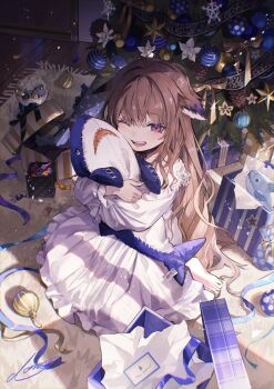 1girl ;d absurdres animal_ears barefoot box brown_hair candy carpet christmas christmas_ornaments commentary dress ears_down food full_body gift gift_box highres hugging_doll hugging_object long_hair long_sleeves looking_at_viewer merry_christmas on_floor one_eye_closed open_gift open_mouth original ozaki_domino pinecone purple_eyes ribbon sitting smile snow_globe solo stuffed_animal stuffed_shark stuffed_toy symbol-only_commentary very_long_hair white_dress wooden_floor