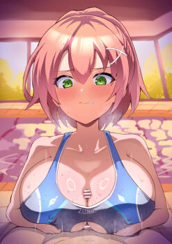 1boy 1girl alternate_costume bar_censor blush breasts breasts_squeezed_together breath censored cleavage clenched_teeth clothed_paizuri clothed_sex clothing_cutout commentary competition_swimsuit covered_erect_nipples double-parted_bangs eiyuu_densetsu green_eyes hair_between_eyes hair_ornament hetero juna_crawford large_breasts looking_down mussyu_danachan one-piece_swimsuit paid_reward_available paizuri penis pink_hair poolside pov sen_no_kiseki sen_no_kiseki_(series) sen_no_kiseki_iii short_hair solo_focus sweat swimsuit teeth underboob underboob_cutout upper_body x_hair_ornament