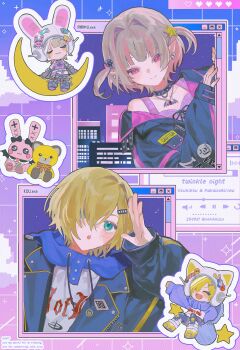 Rule 34 | 1boy, 1girl, absurdres, bat necklace, blonde hair, brown hair, chibi, chibi inset, choker, drawstring, earrings, gradient background, green eyes, grid background, hair bobbles, hair intakes, hair ornament, hair over one eye, hairclip, hashtag-only commentary, heart, highres, hood, hood down, hoodie, jacket, jewelry, lapels, looking at viewer, makaino ririmu, makaino ririmu (6th costume), multicolored hair, necklace, nek0mizu, nijisanji, official alternate costume, open clothes, open jacket, pink eyes, pixel art inset, pixel heart, pixel text, pointy ears, short hair, smile, star (symbol), star hair ornament, streaked hair, stuffed animal, stuffed rabbit, stuffed toy, teddy bear, two side up, uzuki kou, uzuki kou (5th costume), virtual youtuber