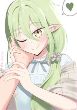 1girl 1other absurdres aqua_bow aqua_bowtie aqua_dress blue_archive blush bow bowtie dress fang green_hair hair_tie hand_grab highres holding light_blush long_hair looking_at_viewer nozomi_(blue_archive) one_eye_closed pointy_ears pov pov_hands ristarx1 shawl simple_background smile solo white_background