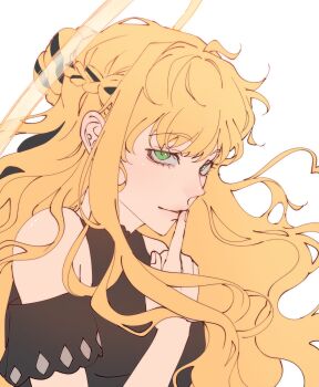 Rule 34 | 1girl, aegyo sal, black dress, blonde hair, braid, clothing cutout, crown braid, dress, finger to mouth, green eyes, hair ribbon, highres, light rays, long hair, looking at viewer, nadardoh, omniscient reader's viewpoint, ribbon, shoulder cutout, smile, solo, upper body, uriel (omniscient reader's viewpoint)