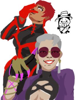 2girls a.k.i._(street_fighter) breasts dark-skinned_female dark_skin dress female_focus kamenichiban large_breasts looking_at_viewer multiple_girls red_eyes red_hair short_hair street_fighter tan the_king_of_fighters vice_(kof)