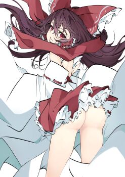 1girl absurdres ass backless_shirt bow brown_hair commentary_request detached_sleeves floating_hair frilled_bow frilled_hair_tubes frills hair_bow hair_tubes hakurei_reimu highres long_hair looking_at_viewer looking_to_the_side no_panties red_eyes red_skirt simple_background skirt solo touhou unanooo_(fthx7532) white_background