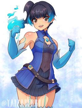 1girl bare_shoulders blue_fire blue_hair breasts brighid_(xenoblade) brighid_(xenoblade)_(cosplay) brown_eyes cosplay dark-skinned_female dark_skin dress elbow_gloves fire gloves highres medium_breasts see-through_clothes sena_(xenoblade) side_ponytail sleeveless small_breasts solo teeth upper_teeth_only xenoblade_chronicles_(series) xenoblade_chronicles_2 xenoblade_chronicles_3 yaizaberry