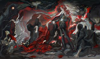 1boy 3others absurdres aleph_(reverse:1999) bare_tree bird black_bird black_gloves black_jacket black_pants black_robe black_shoes black_sky cape clock covered_face crow full_body gloves glowing glowing_eyes highres jacket long_hair multiple_others niezaozhe113 official_alternate_costume pants profile red_cape red_hair reverse:1999 robe shirt shoes sky standing tree white_gloves white_mask white_shirt