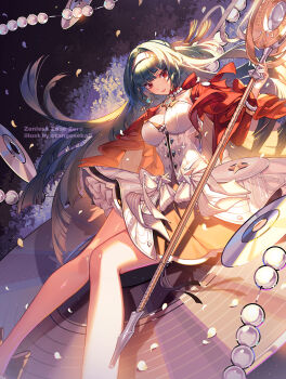 Rule 34 | 1girl, ad, artist name, astra yao, breasts, cd, commentary request, dress, earrings, green hair, hairband, highres, holding, holding microphone stand, jewelry, large breasts, legs, long hair, microphone stand, necklace, orange sekaii, pearl necklace, red eyes, smile, solo, white dress, white hairband, zenless zone zero