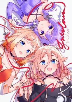 3girls absurdres ai_kusunoki bare_shoulders black_choker black_shirt blue_eyes body_markings braid braided_ponytail brown_hair cevio choker closed_mouth collarbone commentary_request criss-cross_halter cursive detached_sleeves dress english_text gradient_hair hair_between_eyes hair_flaps hair_ornament halter_dress halterneck highres holding holding_string ia_(vocaloid) long_hair looking_at_viewer lying multicolored_hair multiple_girls no_jacket off-shoulder_shirt off_shoulder on_back one_(cevio) open_mouth orange_hair orange_shirt purple_dress purple_eyes purple_hair ribbed_dress ribbed_sleeves shadow shirt short_hair_with_long_locks simple_background smile spaghetti_strap string string_of_fate twin_braids upper_body vocaloid voiceroid white_background yuzuki_yukari