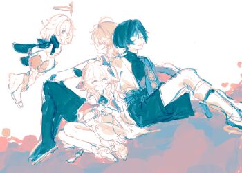 2boys 2girls absurdres aether_(genshin_impact) ahoge arm_armor arms_behind_back artist_name back-to-back bare_shoulders belt black_boots black_bow black_hair black_hakama black_pants black_sandals black_scarf black_shirt black_shorts black_tank_top blonde_hair blue_belt blue_cape blunt_ends boots bow bracelet braid cape closed_eyes closed_mouth covered_collarbone detached_sleeves dress earrings feet_out_of_frame flying from_side full_body genshin_impact gloves gold_bracelet hair_between_eyes hair_ornament hakama hakama_shorts halo hand_on_own_knee heart heart_hair_ornament highres huge_ahoge japanese_clothes jewelry leaf_hair_ornament leg_warmers long_hair long_sleeves looking_at_another low-braided_long_hair low-tied_long_hair m9_2mm mandarin_collar mechanical_halo medium_hair missing_headwear multiple_boys multiple_girls nahida_(genshin_impact) open-toe_boots open_clothes open_mouth open_shirt paimon_(genshin_impact) pale_skin pants pink_eyes pointy_ears pom_pom_(clothes) puffy_long_sleeves puffy_sleeves romper sandals scaramouche_(genshin_impact) scarf shirt short_hair short_sleeves shorts side_ponytail simple_background single_braid single_earring single_thighhigh sitting sketch sleeveless sleeveless_dress smile star_(symbol) star_hair_ornament tank_top thighhighs wanderer_(genshin_impact) wavy_hair white_boots white_dress white_hair white_leg_warmers white_romper white_thighhighs yellow_eyes