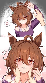 1girl 1other absurdres agnes_tachyon_(casual)_(umamusume) agnes_tachyon_(umamusume) ahoge animal_ears brown_eyes brown_hair disembodied_hand gradient_hair hands_on_another&#039;s_face hashtag-only_commentary heart highres horse_ears horse_girl looking_at_viewer multicolored_hair pink_background pov pov_hands shaded_face simple_background smile spoken_heart synzmayu umamusume white_background white_mouth