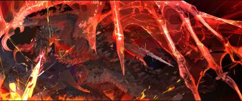 Rule 34 | 1boy, absurdres, amputee, bayle the dread, breath weapon, breathing fire, claws, colored sclera, commentary, dragon, dragon wings, elden ring, elden ring: shadow of the erdtree, english commentary, fire, from side, highres, horns, lightning, looking down, amputee, multiple horns, no humans, nslacka, open mouth, red eyes, red lightning, red sclera, sharp teeth, solo, teeth, western dragon, wings