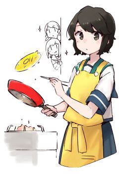 Rule 34 | 3girls, :q, absurdres, apron, black hair, chopsticks, closed mouth, commentary request, cooking, frying pan, fubuki (kancolle), highres, holding, holding chopsticks, kantai collection, low twintails, ma rukan, miyuki (kancolle), multiple girls, peeking out, sailor collar, school uniform, serafuku, shirayuki (kancolle), short hair, short sleeves, short twintails, signature, simple background, sparkle, tongue, tongue out, twintails, white background, yellow apron