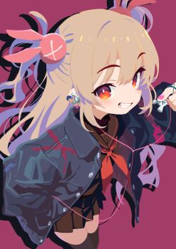 1girl black_sailor_collar black_serafuku black_shirt black_skirt blonde_hair blue_jacket bright_pupils commentary drop_shadow earphones fang grey_thighhighs grin hair_ornament hand_in_pocket highres holding holding_earphones jacket long_hair long_sleeves looking_at_viewer nail_polish natori_sana neckerchief no_lineart open_clothes open_jacket orange_eyes pink_nails pleated_skirt purple_background rabbit_hair_ornament red_neckerchief sailor_collar sana_channel school_uniform serafuku shirt simple_background single_earphone_removed skirt smile solo symbol-only_commentary takarai_shunsuke thighhighs two_side_up virtual_youtuber white_pupils zettai_ryouiki