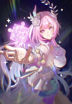 1girl aqua_hair breasts commentary_request cyrene_(honkai:_star_rail) cyrene_(ripples_of_past_reverie)_(honkai:_star_rail) diamond-shaped_pupils diamond_(shape) dress flower hair_flower hair_ornament highres honkai:_star_rail honkai_(series) large_breasts long_hair multicolored_hair pink_hair purple_eyes puzzle_piece smile solo symbol-shaped_pupils t_a_r_o_art very_long_hair white_dress white_hair