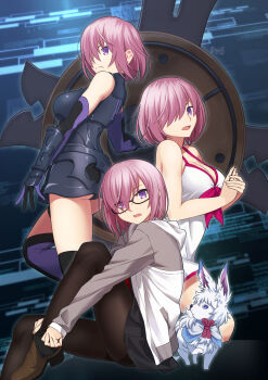 1girl absurdres ass black-framed_eyewear black_dress black_gloves black_panties black_pantyhose black_skirt black_thighhighs boots breasts brown_boots cleavage closed_mouth commentary dress elbow_gloves fate/grand_order fate_(series) foot_out_of_frame fou_(fate) frown girugiru_(tektonics6588) glasses gloves hair_over_one_eye highres knee_up large_breasts long_bangs looking_at_viewer mash_kyrielight mash_kyrielight_(demi-servant) mash_kyrielight_(swimsuit_of_perpetual_summer) medium_hair miniskirt multiple_views one-piece_swimsuit one_eye_covered panties pantyhose pink_hair pleated_skirt purple_eyes purple_pupils short_dress sitting skirt sleeveless sleeveless_dress standing swimsuit thighband_pantyhose thighhighs thighs twitter_username underwear white_one-piece_swimsuit